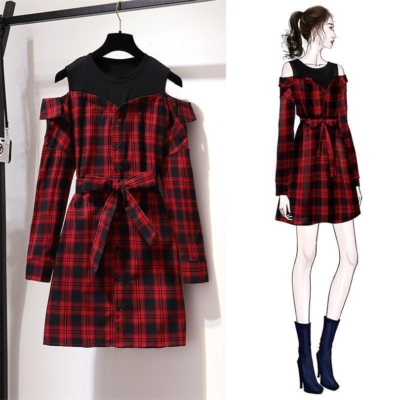 ICHOIX Korean style cute red plaid shirt dress long sleeve with belt mini dress casual offshoulder spring fall women dress T200604