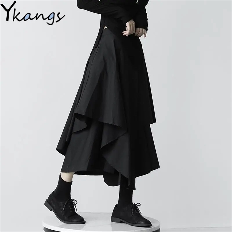 Japanese Gothic Irregular High-Waist Pleated Skirt Women Black Harajuku Punk Cargo Summer Vintage Clothing Long Saia 220317