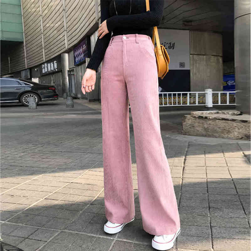 Corduroy Pants Wide Leg Elastic Waist Velvet Trouser Women Autumn Winter Plus Size Womens Pants Casual Pink Pants Black 210412