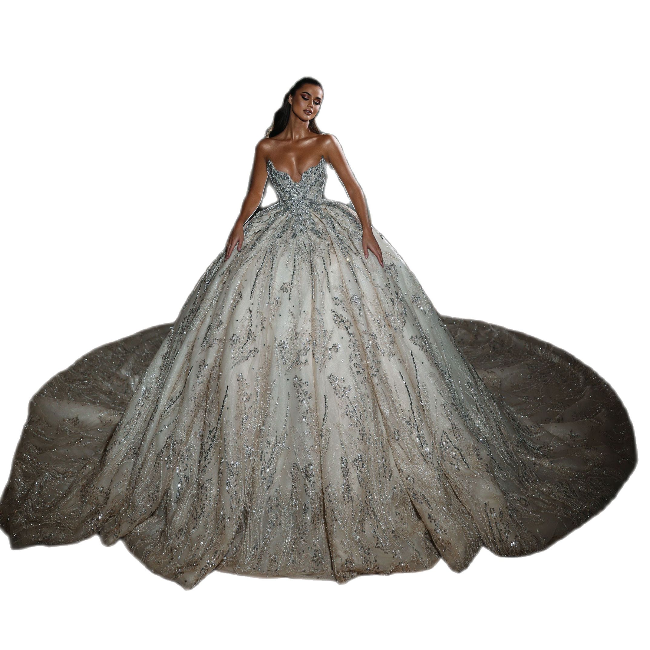 Arab Princess Ball Gown Wedding Dresses Sheer V Neck Customise Sequins Puffy Bridal Gowns Robes De Red Carpet Celebrity Dress 0505