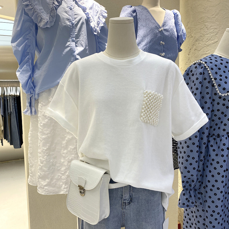 2022 Solid color Summer Korean Women's T-shirt Pearl pocket Tops Summer Harajuku Loose Short Sleeve Tshirt 220613, Black
2022 Solid color Summer Korean Women's T-shirt Pearl pocket Tops Summer Harajuku Loose Short Sleeve Tshirt 220613, Black