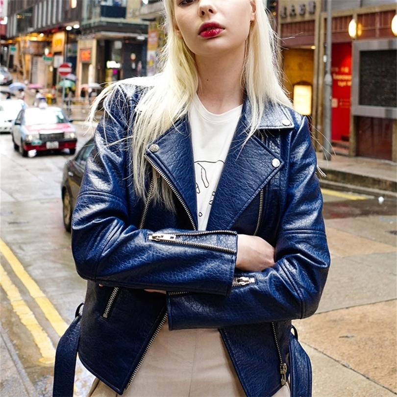 Spring Autumn Leather Jacket Women Green Short Motorcycle PU Long Sleeve High End Leather 3 Colors Biker Coat HR1018 220815