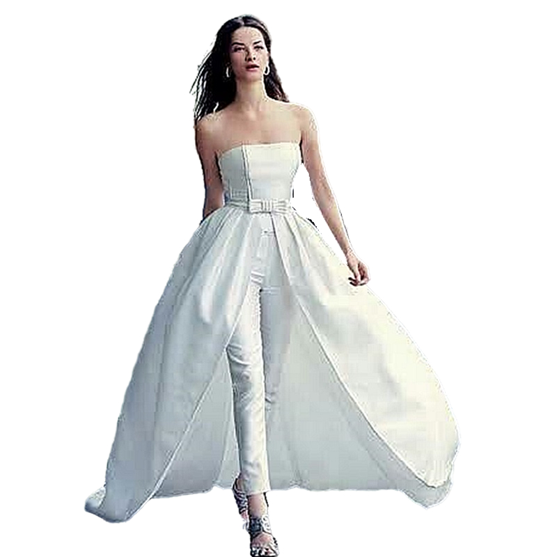 Modern Strapless Woman Jumpsuit Beach Wedding Dress With Detachable Skirt Simple Satin Pants Bridal Gowns Bow Sash Outdoor Wedding Dresses Robe De Mar