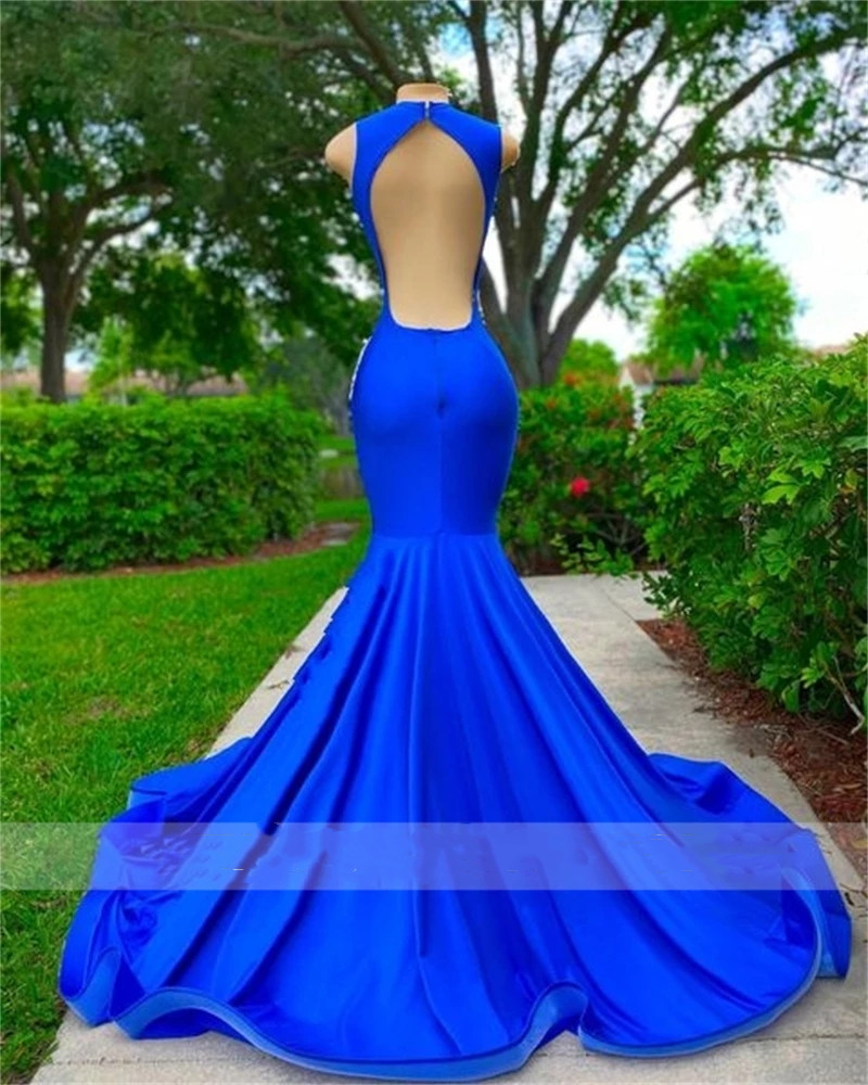 Royal Blue O Neck Long Prom Dresses For Black Girls Appliques Birthday Party Dress Mermaid Evening Gowns Robe De Bal Lz0304