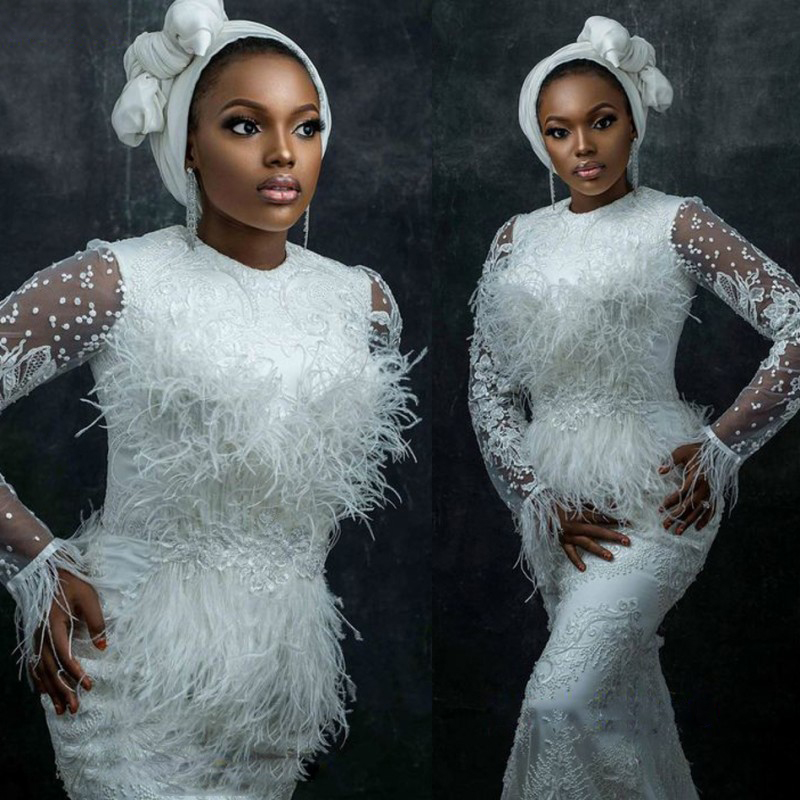 White Mermaid Dress With Feather Long Sleeve Jewel Beads Applique Lace Formal Occasion Custom Made Floor-length