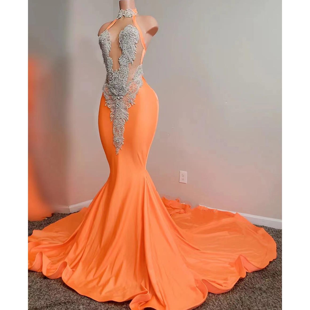 Sexy Orange Prom Dress For African Women Satin Beading Sequined High Neck Sleeveless Red Carpet Long Mermaid Gowns Evening Dresses