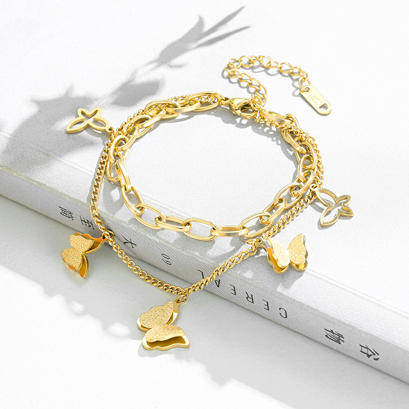 Pretty Double Layer Openwork Stainless Steel Clover Charm Bracelet Lucky Four Leaf Women Jewelry