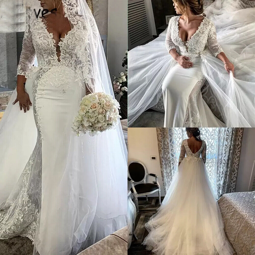 New Arrival Mermaid Wedding Dress With Detachable Train 2022 African V Neck Lace Country Wedding Gowns Plus Size Long Sleeve Garden Bohemian Bridal Ro
