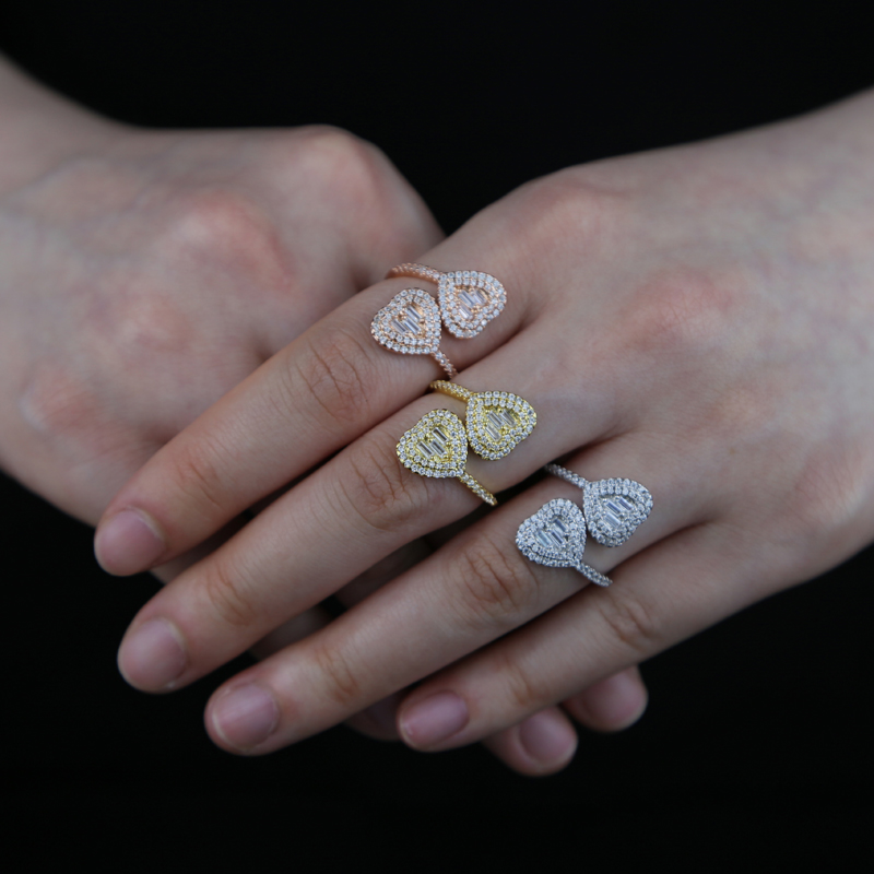 Tiny band adjsut finger heart ring with full cubic zircon paved new styles women lady wedding rings jewelry plated gold silver rose color