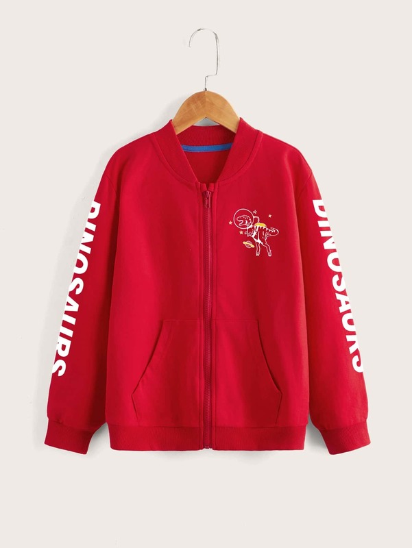 Toddler Boys Letter & Dinosaur Print Kangaroo Pocket Bomber Jacket SHE