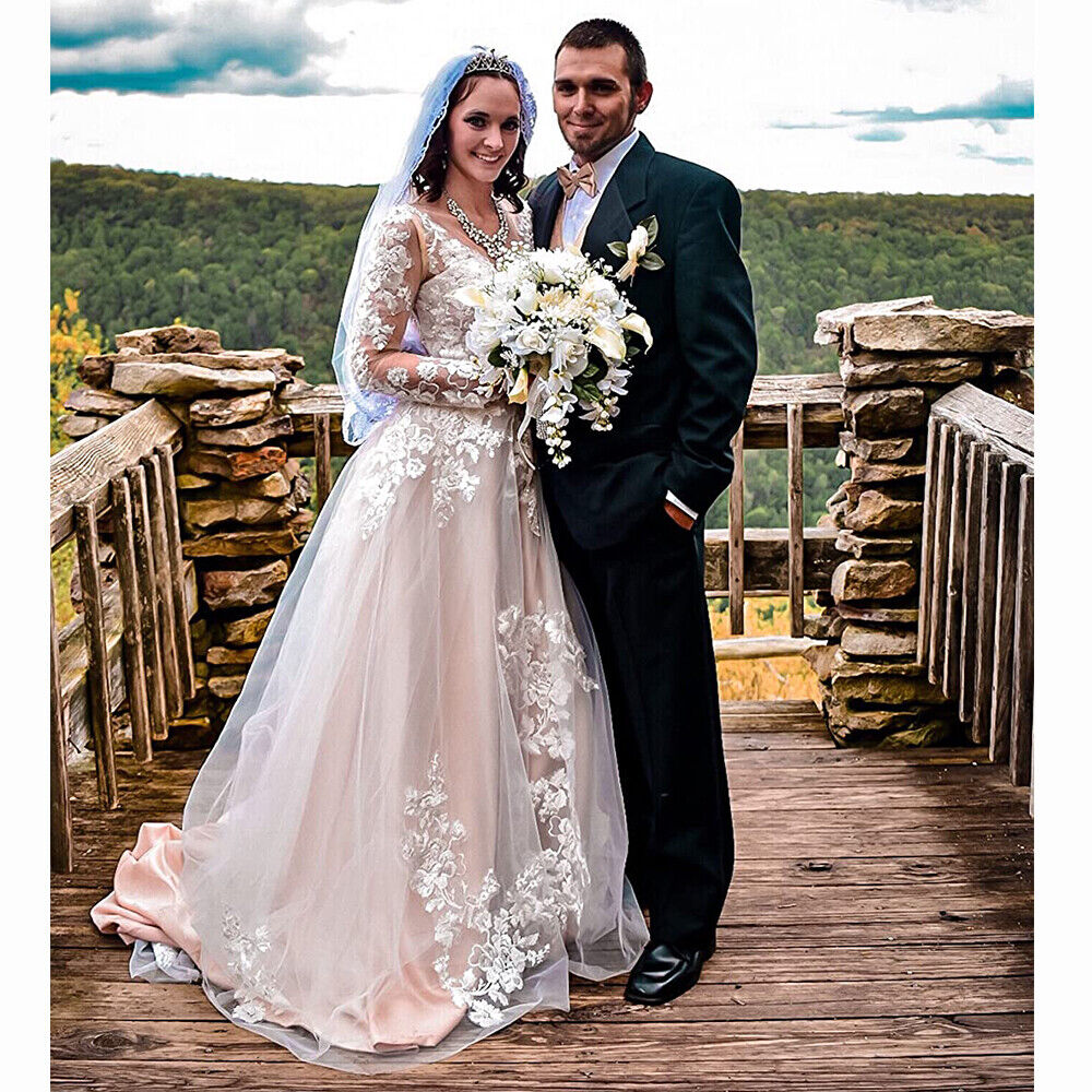 Romantic Long Sleeve Country A Line Wedding Dress Champagne Lining And Ivory Floral Lace Bridal Gowns Bohemian Fall Spring Long Train Bride Dresses