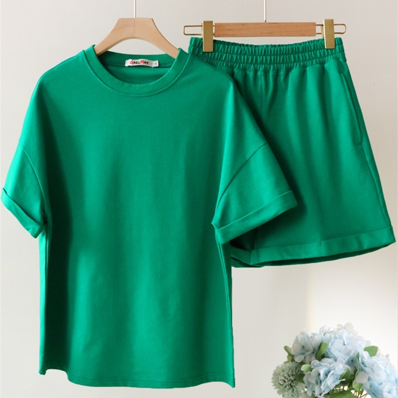 Casual 100% Cotton Summer 2 Pieces Sets Women Suits Short Sleeve T-shirt and Shorts Woman Loose Oversize Classic Tracksuit 220509