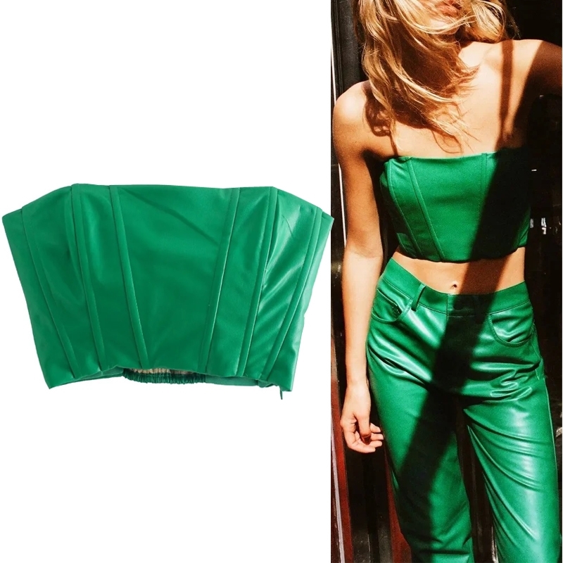 TRAF Woman Green Top Female Leather Crop Women Off Shoulder Ruched Tube Sexy Backless Cropped Bustier Tank s 220316