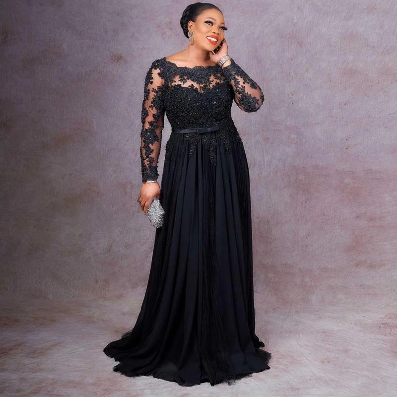 2022 Vintage Plus Size Black Chiffon Mother of the Bride Dresses Bow Belt Formal Evening Gowns Long Sleeves with Bead Lace Appliques Birthday Party We