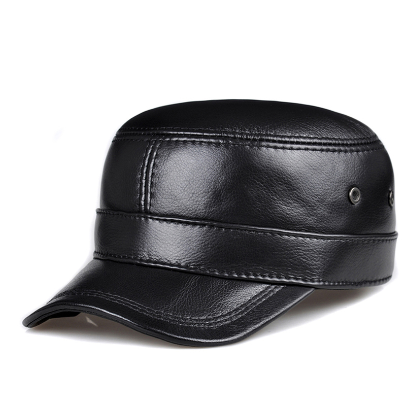 RY0108 Men Spring/Winter Genuine Leather Black/Brown Flat Baseball Caps Male 54-62 cm Customized Size Outdoor Golf Hat 220316