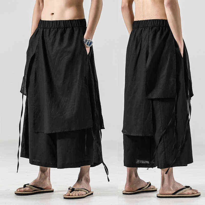 2022 Men Solid Color Irregular Pants Mens Elastic Waist Loose Hanfu Skirt Trousers Male Streetwear Harajuku Wide Leg Pants L220706