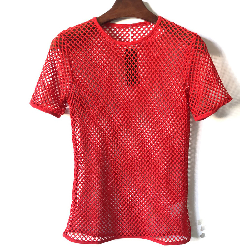 Men's Red Sexy Fishnet See Through T-shirt Fashion Short Sleeve Mesh Transparent Tshirt Men Hip Hop Hipster Tee Shirt Homme 220516