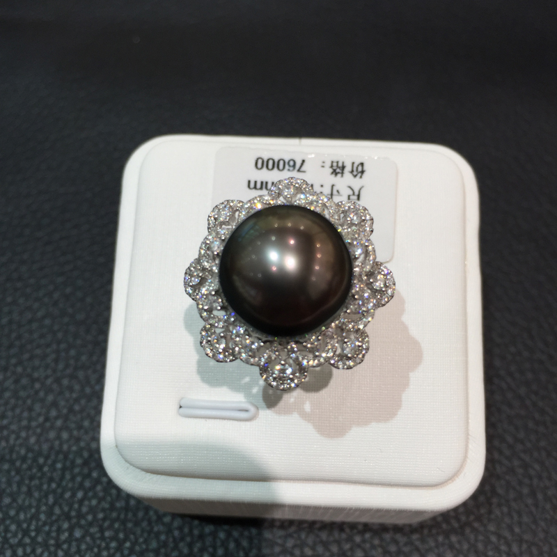13-14MM Natural black pearl ring 18K whtie gold with diamond tahiti pearl flower big pearl ring fine women jewelry
