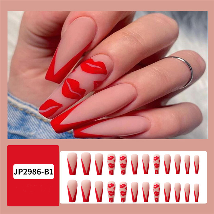 24pcs Red Lip Ballet False Nails Tips Long Full Cover Coffin French Fake Fingernails Tip for Women Girls DIY Nail Art Salon