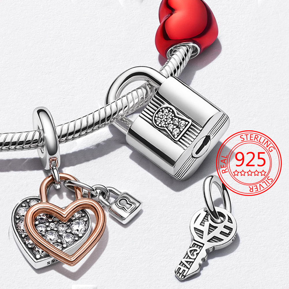 New Popular 925 Sterling Silver Rose Gold Heart Padlock Double Charm For Snake Bracelet DIY Jewelry Girl Gift Making