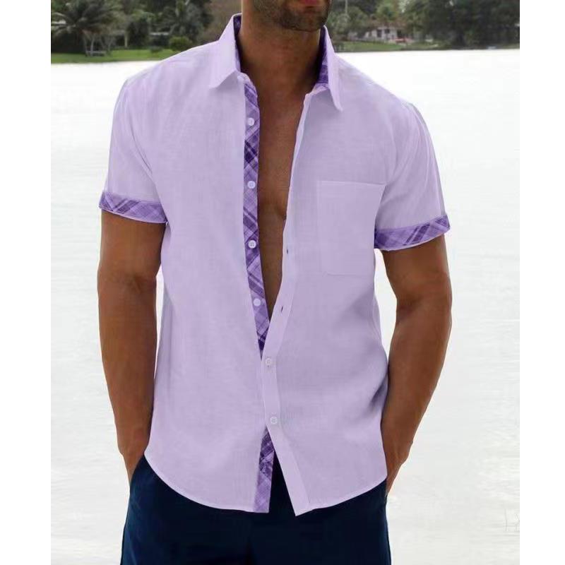 Men's Casual En Short Sleeve Button Up Shirt Summer Loose Comfortable Patchwork Cotton Tee Holiday Beach Wear