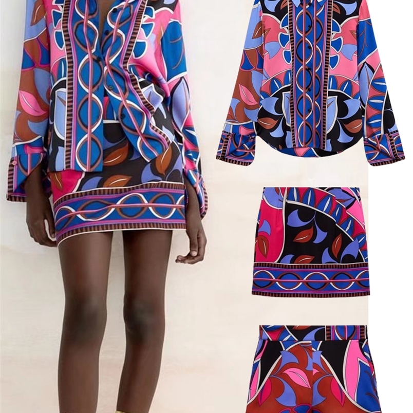 TFMLN 3PCS Women Bermuda Printed Blouses Short Skirt Set Turn Down Collar Long Sleeve Tops High Waist Outfits 220602
