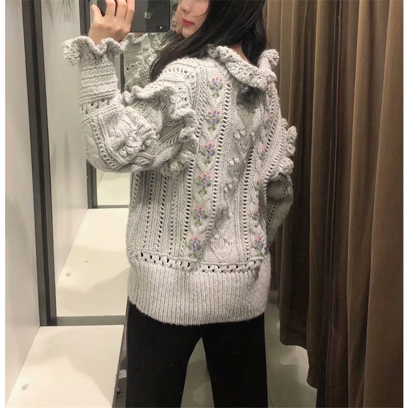 Za Grey Oversized Woman Sweaters Embroidery Pullover Knitted Sweater Women Autumn Winter Long Sleeve Ruffle Trim Sweater 201203, Embroidery sweater
Za Grey Oversized Woman Sweaters Embroidery Pullover Knitted Sweater Women Autumn Winter Long Sleeve Ruffle Trim Sweater 201203, Embroidery sweater