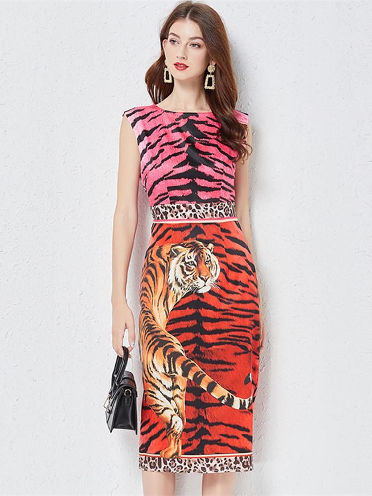 Casual Dresses Summer Designer Fashion Tiger Leopard Dress Women's Sexy Sleeveless High Waist Patchwork Vintage Midi Package Hip Party D