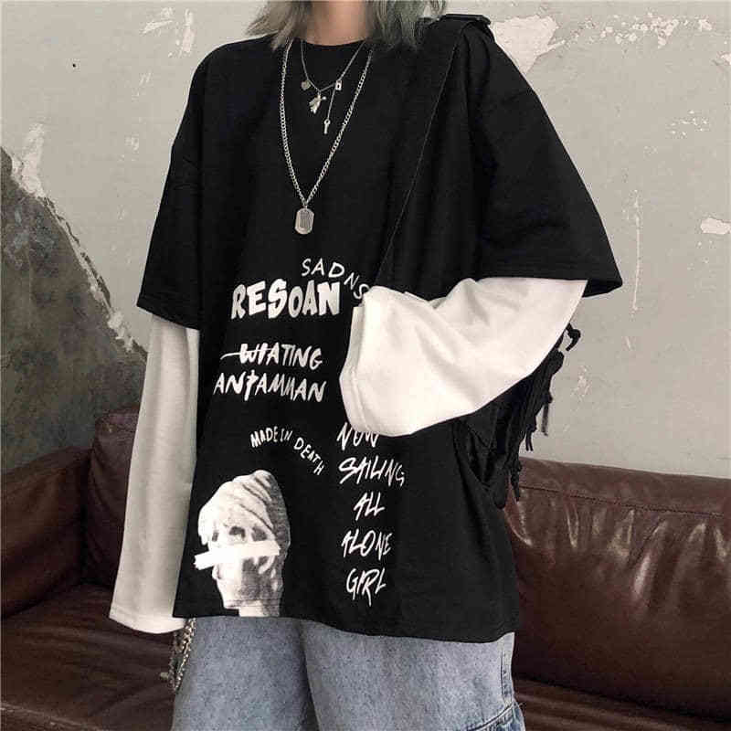 NiceMix Black Letter Print Tshirt Loose Punk T-Shirts Autumn High Street T Shirts Funny Long Sleeve Streetwear Gir 220328