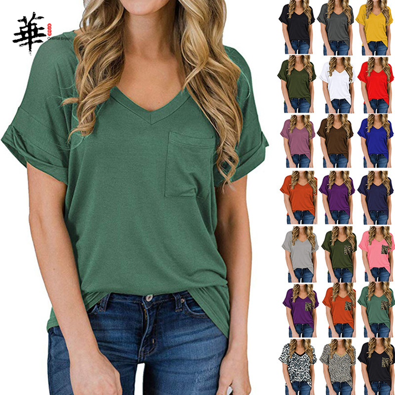 High Quality Tops Basic Plain Shirts for Women Oversized T shirt Top Leopard Pocket Fashion Clothes Woman Tshirts 220321
