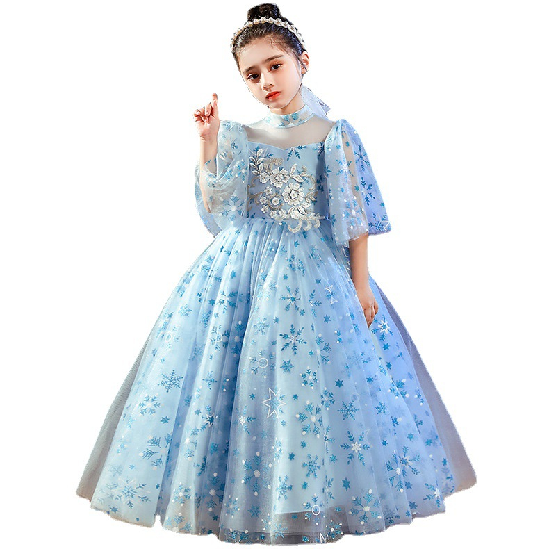 Vintage Lace Ball Gowns Pageant Dresses Off Shoulder 3/4 Long Sleeves Kids Flower Girl Dress Ruffle Sweep Train Sequined Prom Dreses 403