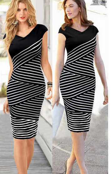 Women Summer Dresses New Black And White Stripe Dress Cultivate Pencil Vintage Plus Size Dresses Vestidos