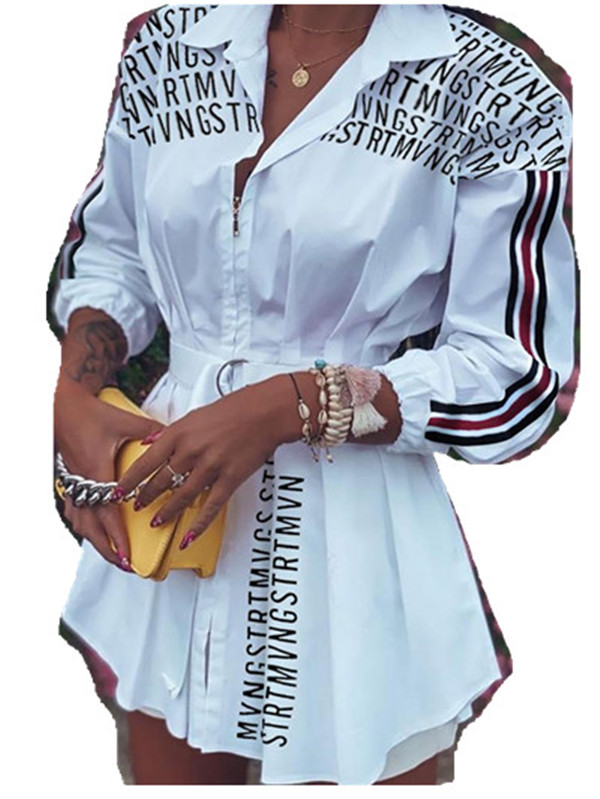 Women's Spring Dresses Autumn Letter Printed Shirts Lantern Sleeves Stitching Pleated Zipper Dress Blouse C260312