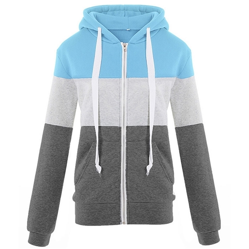 Women Hoodie Casual Kangaroo Pocket Patchwork Long Sleeve Hoodie Sweatshirt With Zipper Hoodie Drawstring Harajuku Fashion T200525
