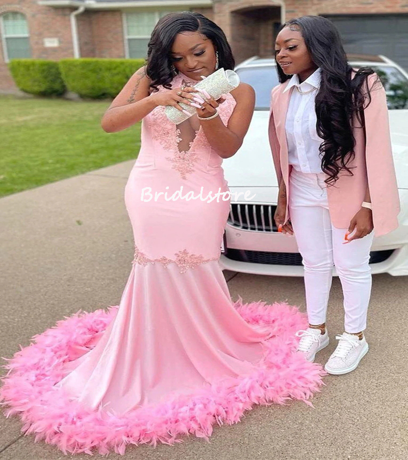 Luxury Nigerian Pink Mermaid Evening Dress Elegant Satin Prom Dresses With Feather For Black Girls Sleeveless Formal Party Wear Special Occasion Gradu