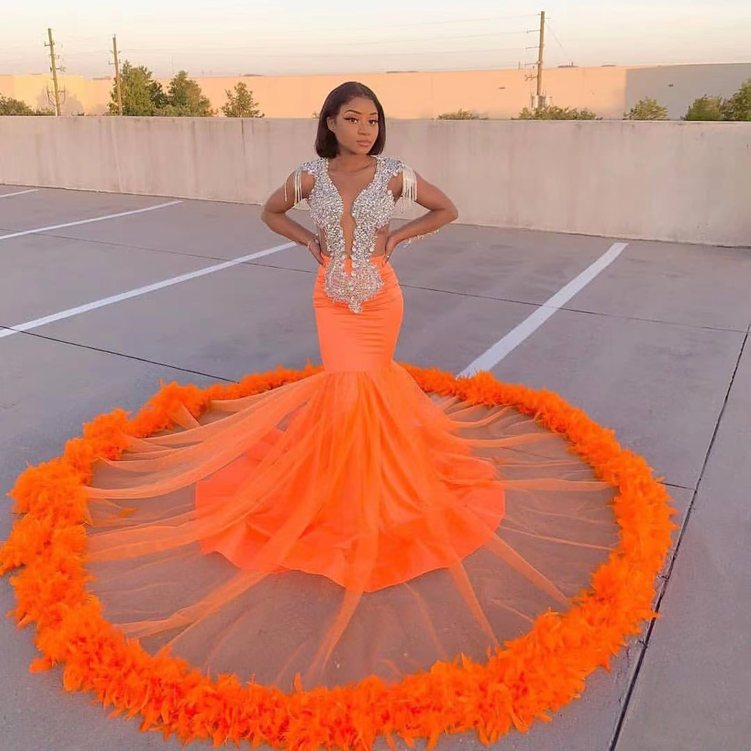 Orange African Prom Dresses Beading Sequined Deep V Neck Feathers Long Mermaid Evening Dress Formal Party Gowns Vestidos Plus Size