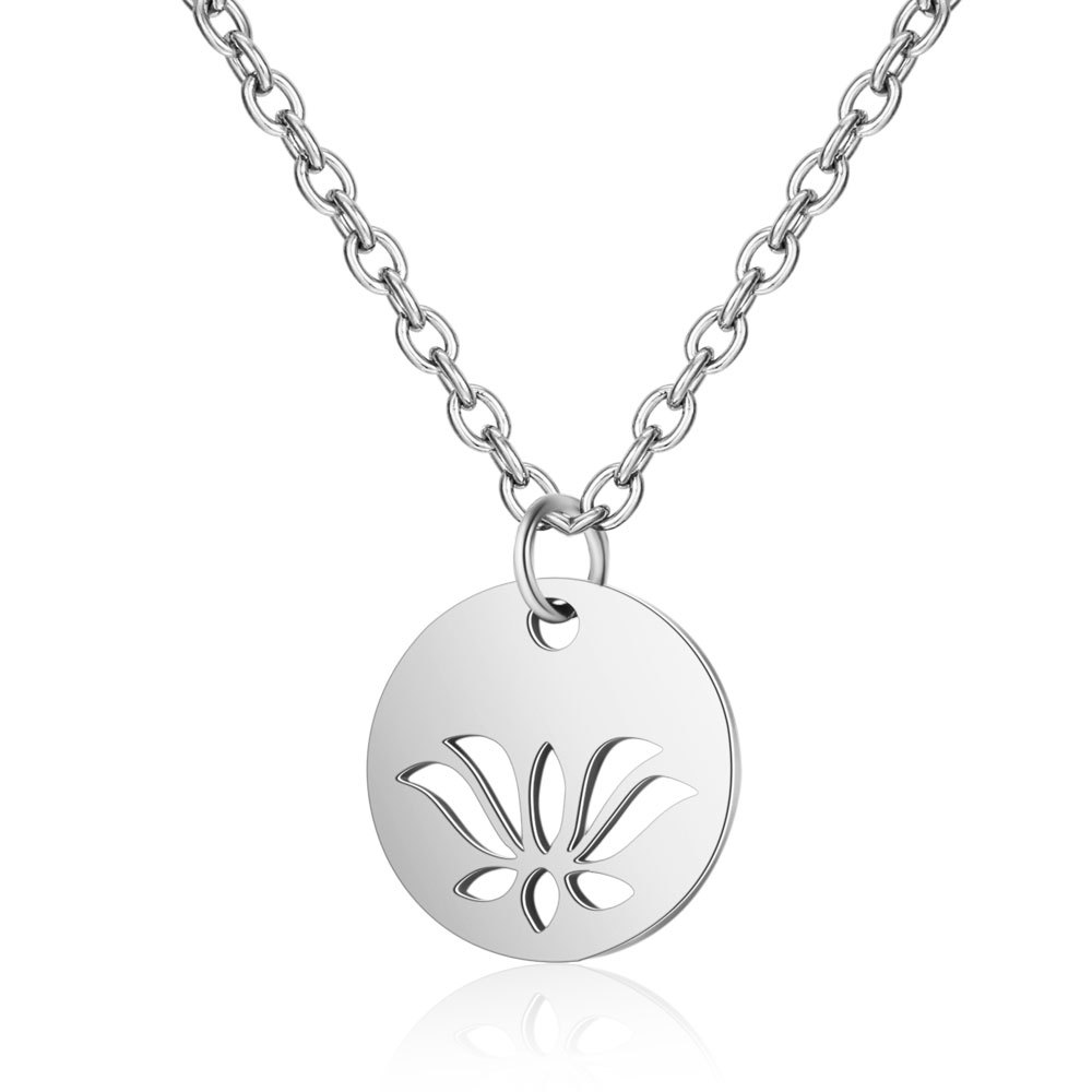 30PCS Stainless Steel Lotus Flower in Round Coin Necklace for Women Femme Minimalist Hollow Open OM Yoga Symbol Charm Pendant Chain Choker Collar Jewe