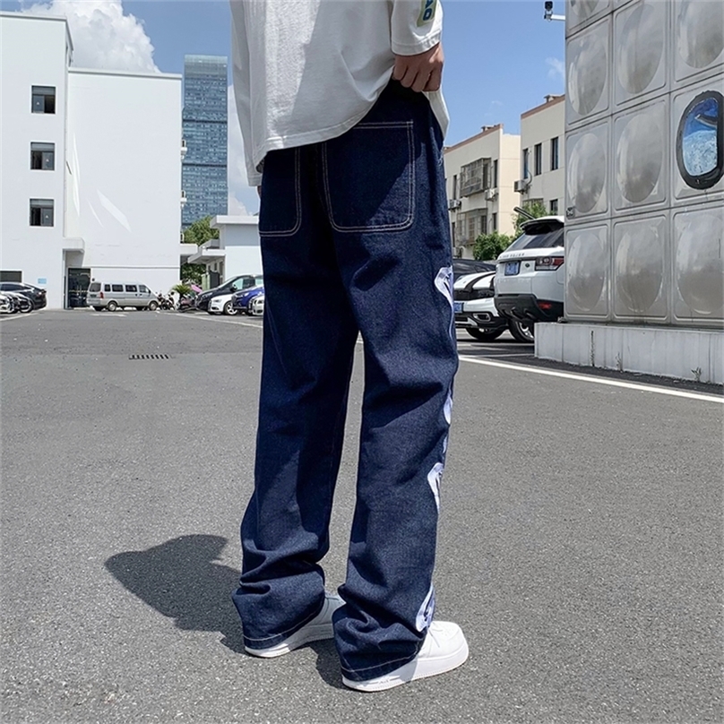 Celana Jeans Lurus Pantalon Bordir Kerangka Pria Denim Ala Jalanan Pakaian untuk Longgar 220817