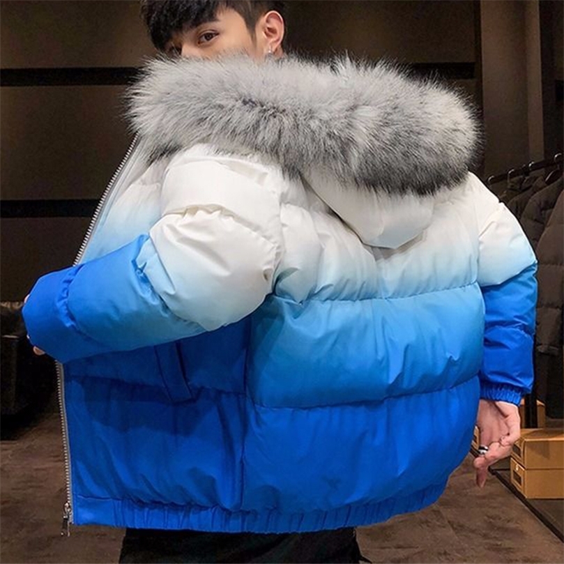 Winter Casual Parka Men Coat With Big Fur Collar Gradient Color Outwear Waterproof Thicken Warm Gradual hooded Outwear Jacket 201127