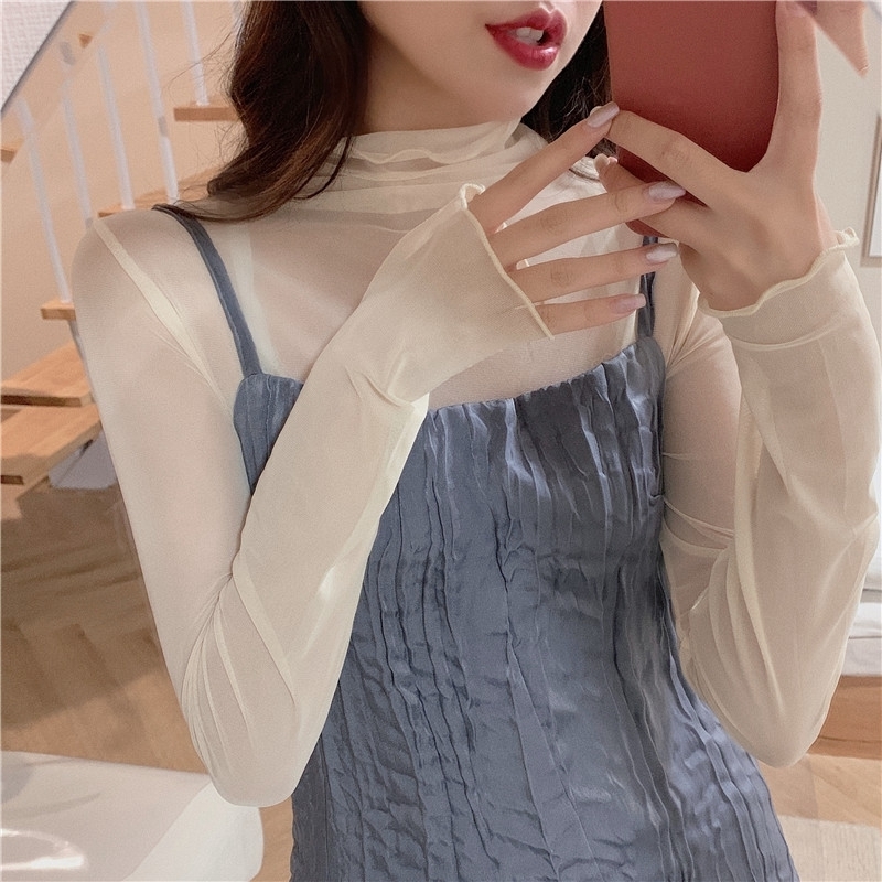 TingYiLi High Neck Sheer Mesh Top Women Long Sleeve Turtleneck T shirt Korean Sexy See Through Black White Pink Purple Shirt 220714