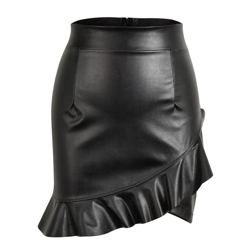 Women Vintage Ruffles Irregular Skirt Sexy PU Leather Party s Solid Bodycon Pencil Mini Female Faux D30 220322