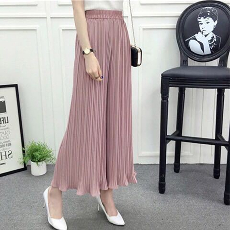 Summer Wide Leg Pants For Women Casual Elastic High Waist Fashion Loose Long Pleated Pant Trousers Femme