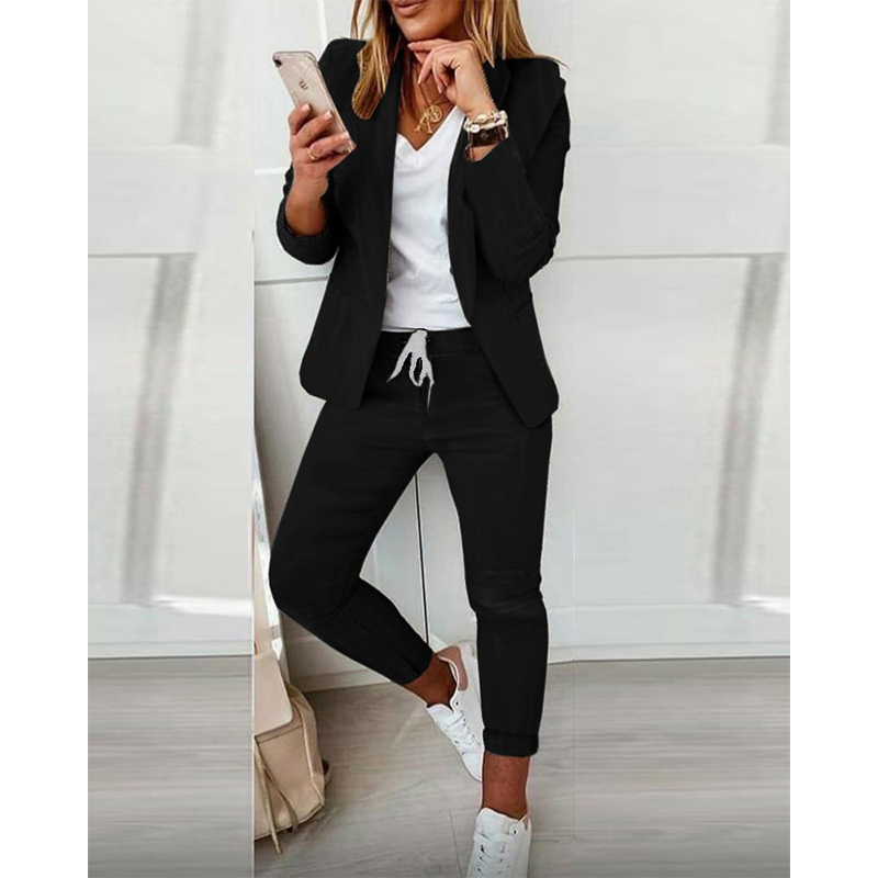 Office Lady Black Solid Lapel Neck Blazer Coat Jacket & Drawstring Ankle Length Pants 2 Piece Set Women Autumn Winter Clothes 220315