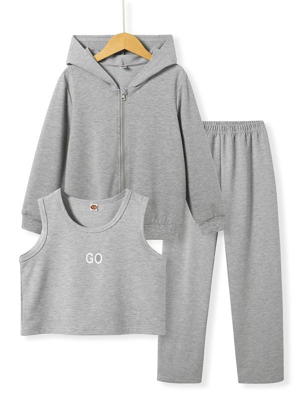 Girls Zip Up Hoodie & Letter Graphic Tank Top & Leggings SHE, Dusty pink