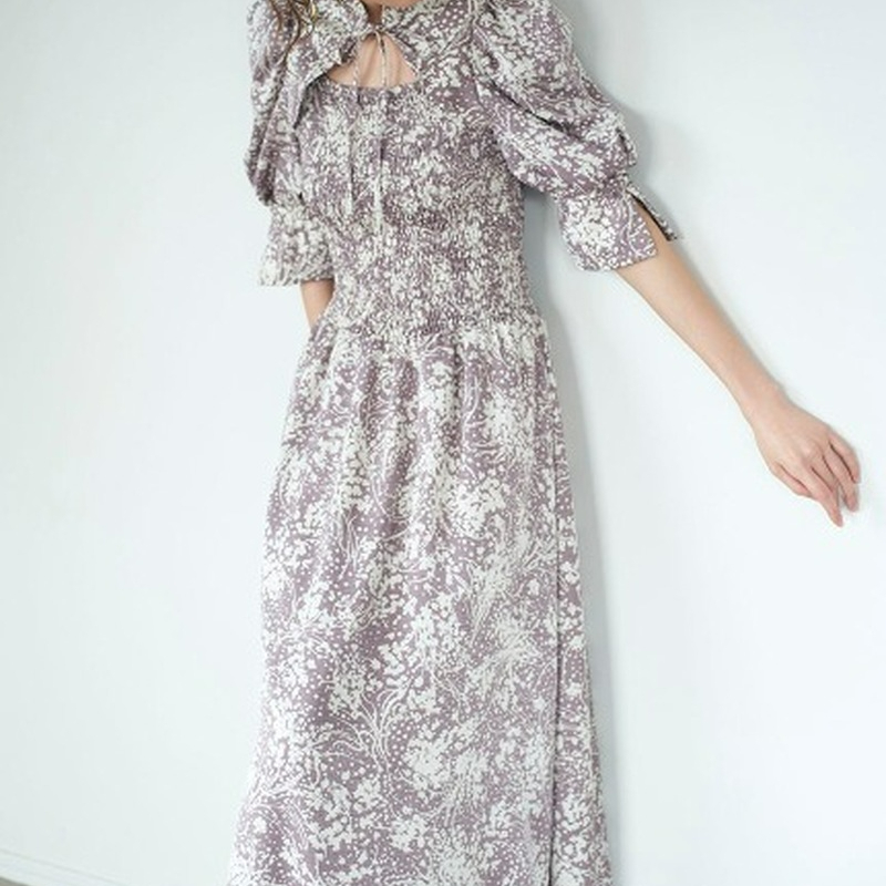 Kuzuwata Stand Collar Lace Up Hollow Out Half Flare Sleeve Vestidos Elasticity Empire Printed Slim Dress Japanese Gentle Robes 220527