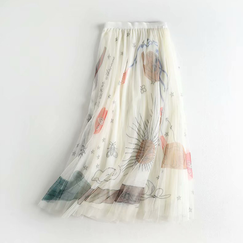 TIGENA 90cm Maxi Tulle Skirt Women Korean Style Fashion Beautiful Print A Line High Waist Pleated Long Female Pink Black 220317