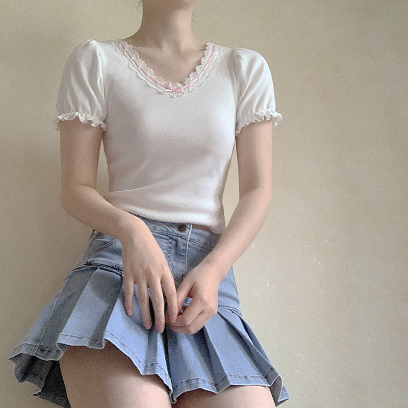 White T-Shirt for Sweet Girl Ribbon Lace Trim V-Neck Bowknot Puff Sleeve Slim Cotton TShirt Kawaii Clothes Summer Tops 220328