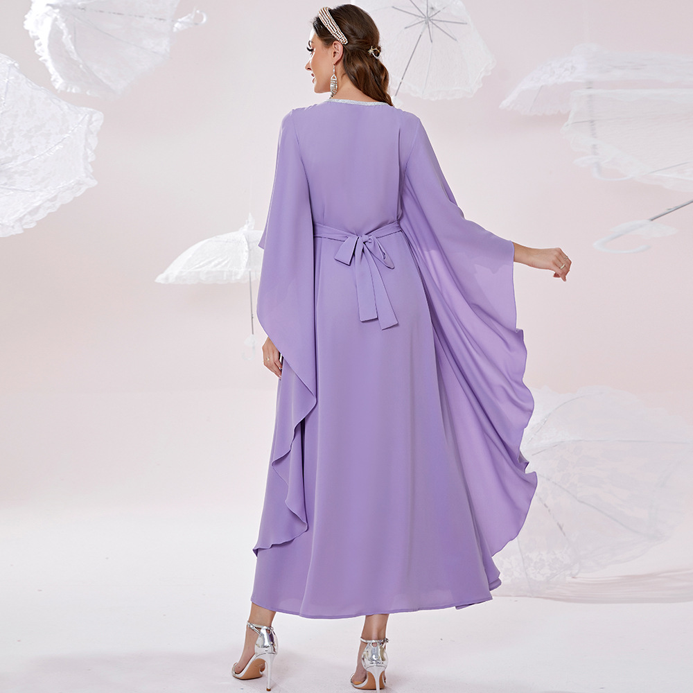 Muslim Lilac Caftan Marocain Evening Dress 2022 With Caped Sleeves Sexy V Neck Abaya Dubai Prom Dresses Elegant Formal Party Vestidos De Robe Midi Abi