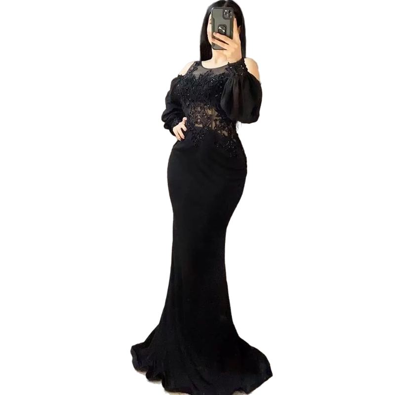 Puff Chiffon Long Sleeve Evening Dresses Beaded Mermaid Formal Party Wear 2022 Crew Neck Sexy Prom Dress Illusion Special Occasion Gowns