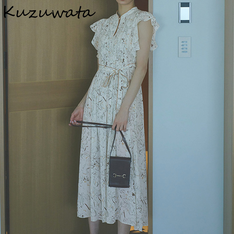 Kuzuwata O Neck Flying Short Sleeve Temperament Dress Women High Waist Hip A Line Long Slim Vestidos Summer Robe Print 220406